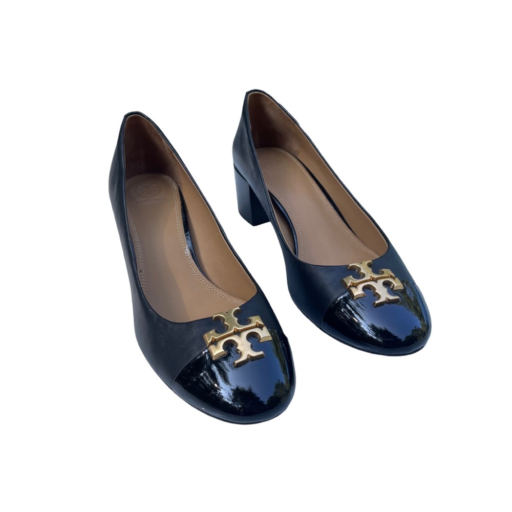 Tory Burch Everly Patent Leather Perfect Black Cap Toe 50mm Stacked Heel Shoe 11